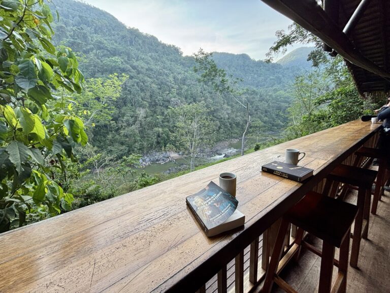 Morning coffee overlooking the Macal River at Black Rock Lodge
